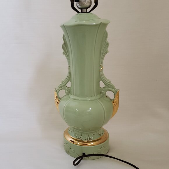 24K Gold Ceramic Chartreuse Green Lamp Victorian Floral Art Deco MCM - Picture 10 of 14